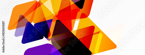 Abstract geometric shapes overlap, creating vibrant color blends. Triangles dominate composition, suggesting dynamic movement. Bright hues contrast with dark areas.