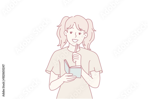 Smiling girl take notes in notebook make plans or dreams. Happy child handwrite in notepad brainstorming or daydreaming. Vector illustration.