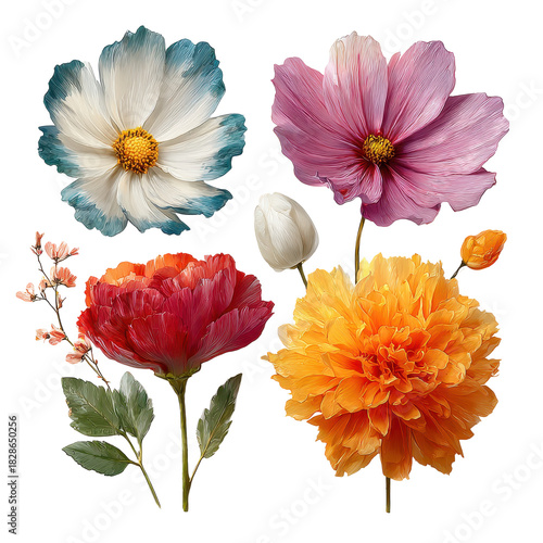Collection of several colorful assorted flowers in bloom on transparent background, including pink, purple, orange, white, and blue shades