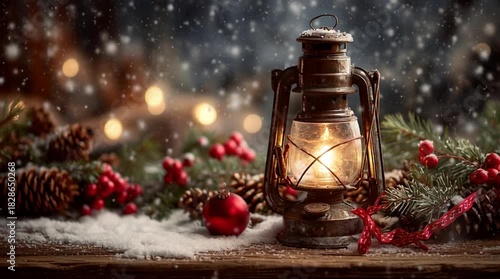 Experience the magic of a winter holiday with a vintage lantern glowing warmly amidst snow-covered pine boughs and festive decorations