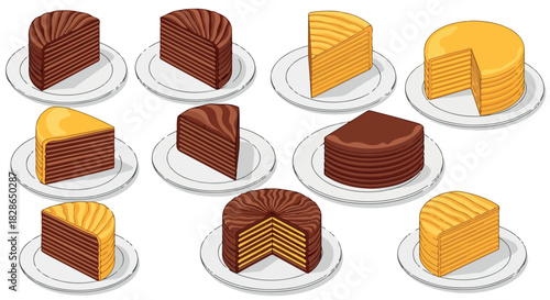 Layered cakes with slices on plates