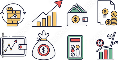Financial Icons: A collection of various financial icons representing concepts such as growth, wealth, and transactions, ideal for illustrating economic and financial themes.