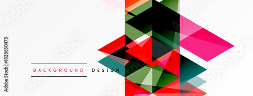 Abstract geometric shapes overlap, creating vibrant colorful design. Red, pink, green dominate composition. Minimalist style, modern aesthetic.