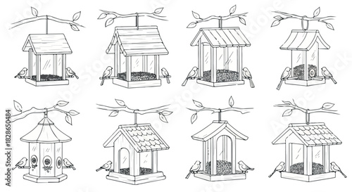 Bird feeders hanging from branches with birds