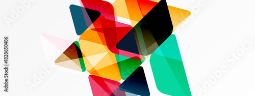 Abstract shapes overlap, creating vibrant color blends. Geometric forms suggest dynamic movement, modern design. Bright hues dominate white background.