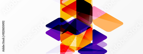 Abstract geometric shapes overlap, creating vibrant color blends. Composition features warm, cool tones, dynamic visual texture.