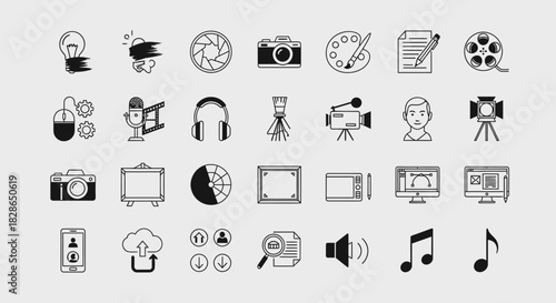 Versatile Collection of Creative Icons Depicting Design, Media Production, and Communication