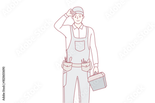 smiling painter in overalls holding paint bucket and waving interior renovation scene with toolbelt, brush, clean line art, pastel tones, approachable maintenance professional ready for job