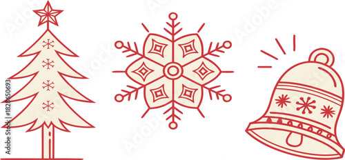 Festive Holiday Trio: A trio of festive icons, including a decorated Christmas tree, delicate snowflake, and ringing bell, embody the spirit of the season.