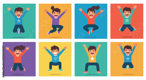 Happy kids jumping with colorful backgrounds