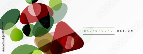 Abstract shapes overlap, creating vibrant color blends. Green, red, brown tones dominate design. Minimalist style, modern aesthetic.