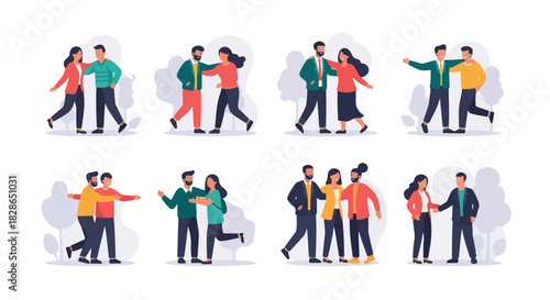 People greeting and interacting in various poses