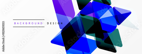 Abstract geometric shapes overlap, creating vibrant blue, purple hues. White space provides clean contrast, modern design element.