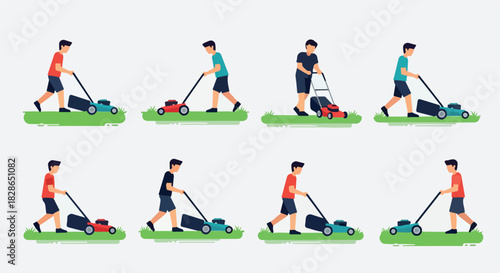Man mowing lawn in different poses