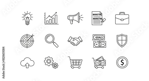 A set of linear icons representing various aspects of business and marketing concepts