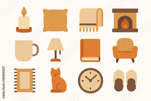 Minimalist cat book clock lamp icons rug chair slippers mug icon cozy