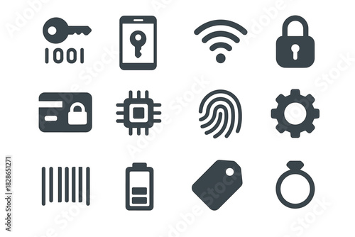 Vector icon gear smart unlock padlock chip tag battery icons key digital