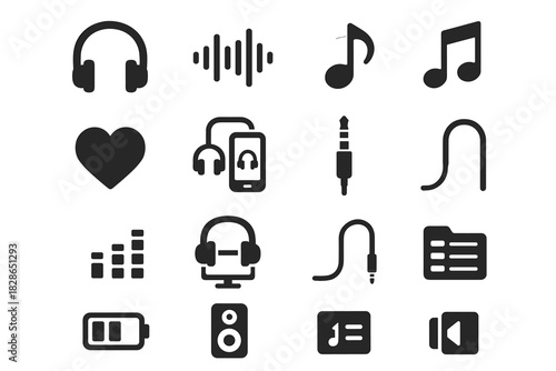 Headphones minimalist note screen playlist speaker cable vector equalizer icons wave icon
