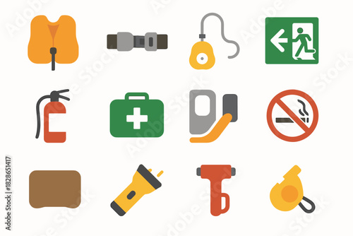Seatbelt vest first flight fire aid evacuation icons vector safety exit icon