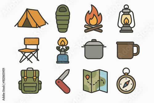 Collection icons mug icon chair sleeping stove vector tent lantern camping hiking