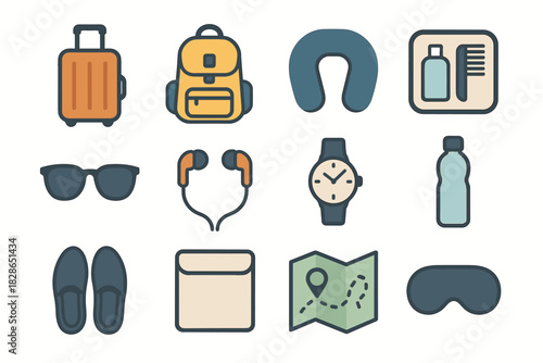 Vector icon map kit bottle pillow backpack set travel toiletry earphones