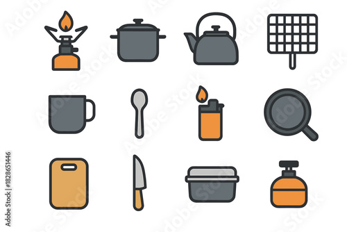Icons food grill camping cup gas portable cooking rack canister vector icon