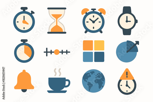 Time vector overtime globe dial icons pie clock bell management icon wristwatch