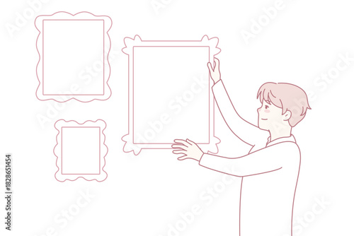 Man hanging frames with family pictures on wall. Happy male putting portrait for memory. Nostalgia concept. Home decoration. Vector illustration.