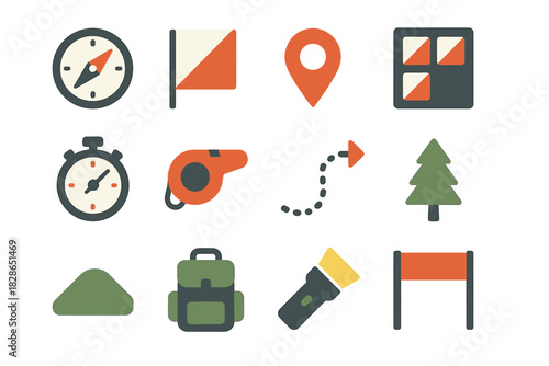 Post orienteering marker vector whistle icons flashlight finish stopwatch control tree set