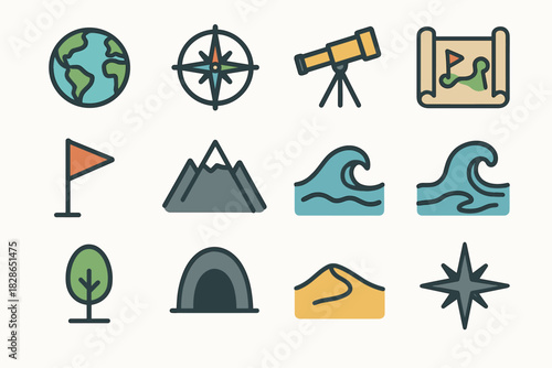 Marker star dune exploration icon geographic map icons river vector desert tree
