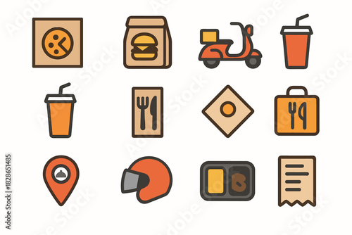 Pack delivery cutlery pizza minimalist box bag meal icon vector drink food