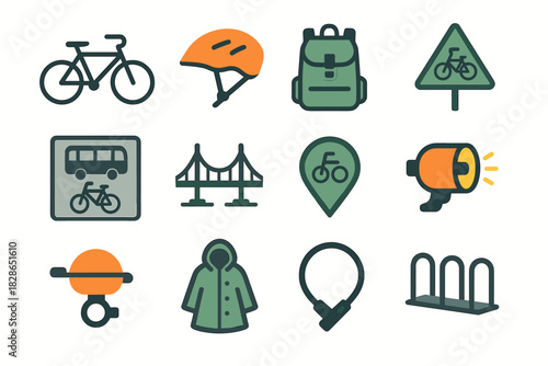 Cycling bell bus icons vector urban light bike city icon backpack chain