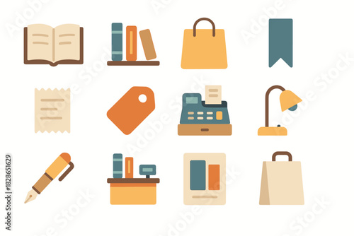 Pen set open icon lamp book reading poster bookstore vector bag price