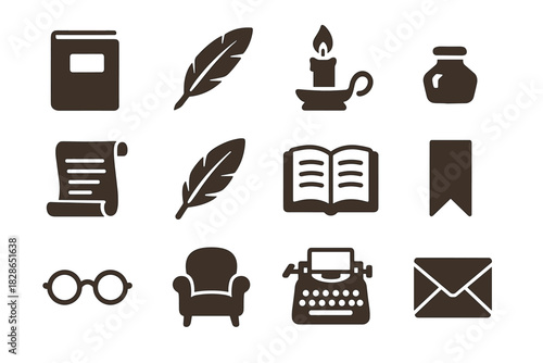 Novel set icon candle literature open vector chair glasses letter quill pages