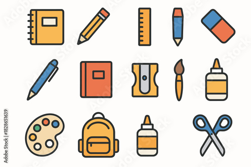 Notebook supplies sharpener vector pen ruler eraser minimal paintbrush palette school backpack