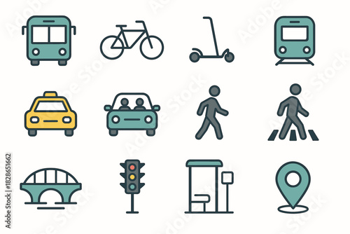Icons icon bus pedestrian crosswalk vector scooter carpool commuting bicycle bridge map