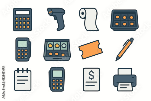 Cash register pen bill icons vector receipt tray roll terminal reader icon