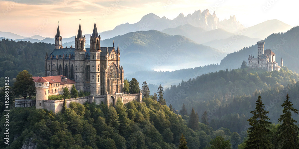 Fototapeta premium Renaissance castle and cathedral on forested hill