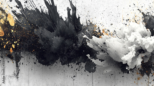 Dynamic black and white ink splash abstract background with glittering gold accents.