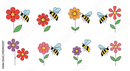 Colorful flowers and bees with transparent background