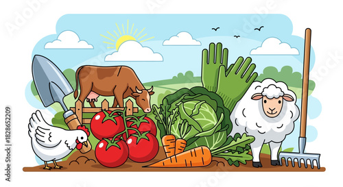 Colorful cartoon illustration showcasing farm animals and fresh garden vegetables