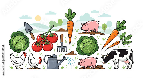 Vibrant and Delightful Cartoon Illustration of a Thriving Farm Landscape Scene