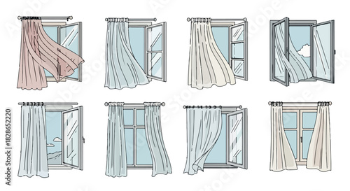 Curtains blowing in wind near windows various styles