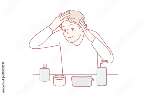 Young man looking in mirror take care of face and hair. Male metrosexual do beauty morning routine. Cosmetology and hygiene. Vector illustration.