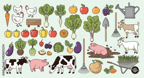 Farm Animals and Fresh Produce: A Colorful Vector Illustration for Agricultural Themes