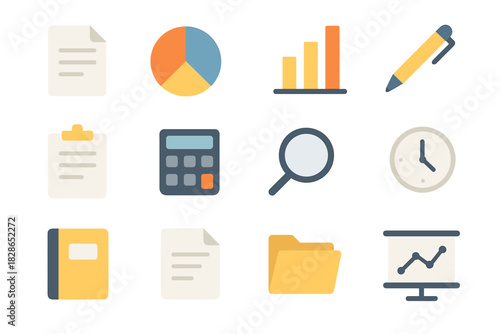 Pen folder magnifying business paper set calculator icon chart clipboard clock vector