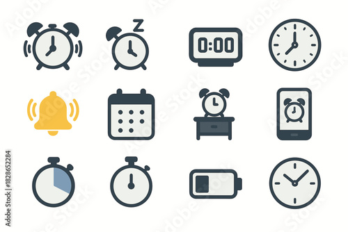 Vector ringing stopwatch icon set wave nightstand alarm snooze calendar hands