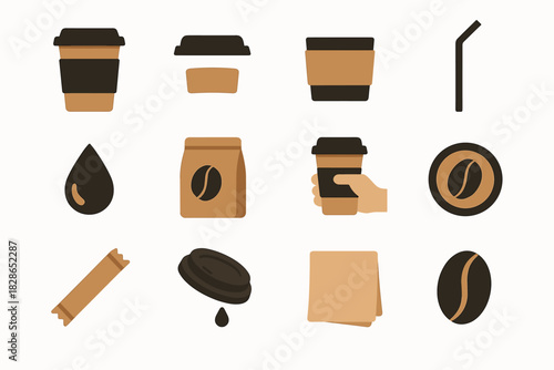 Symbol logo packet holding cup icon vector coffee straw set bag sugar