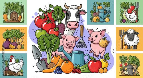 Farm Fresh Cartoon Vector Illustration Featuring Animals, Fruits and Vegetables