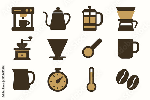 Grinder icons beans cone brewing coffee icon vector french timer jug thermometer